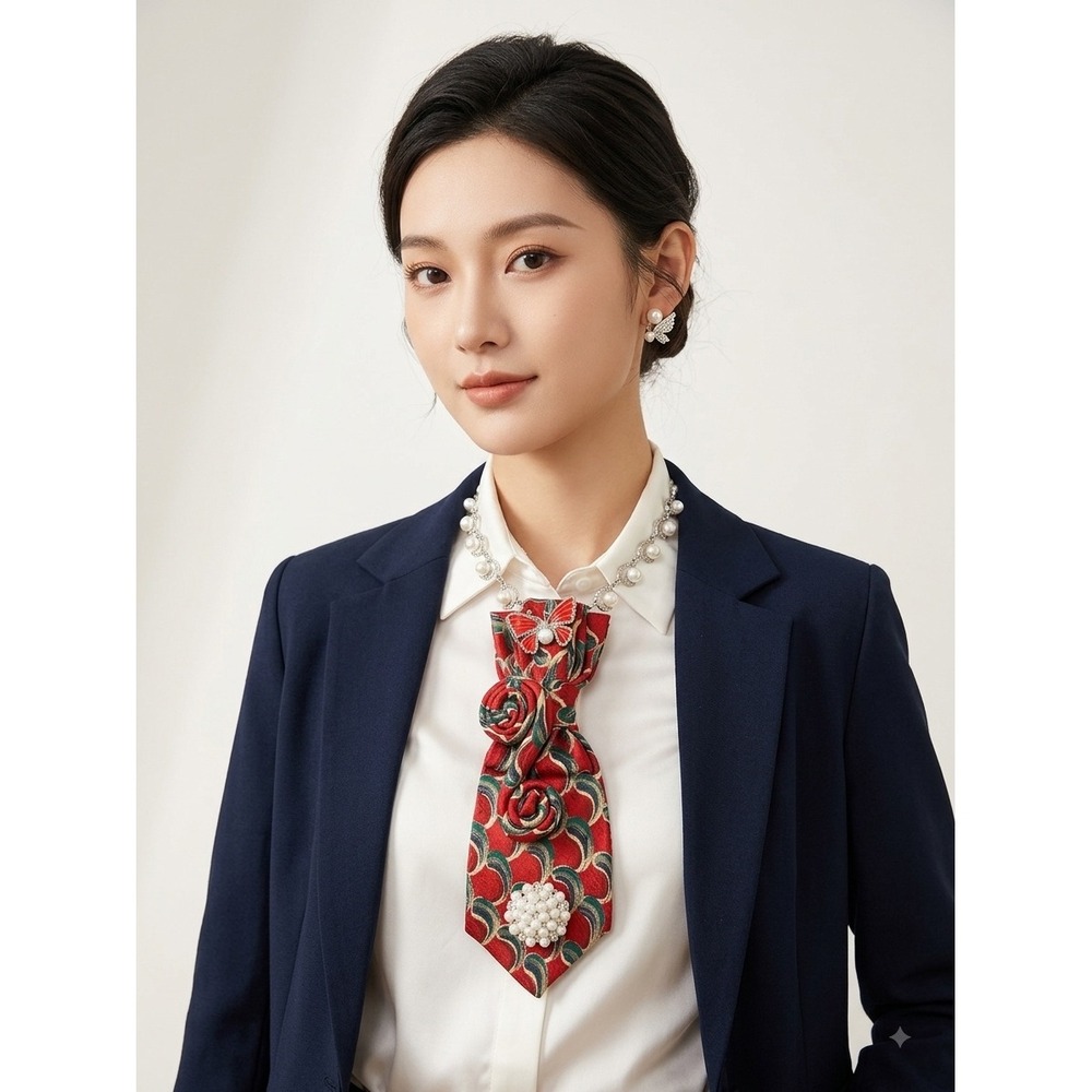 Red Patterned Fabric Necktie Necklace Set with Pearl Butterfly Brooch Earrings